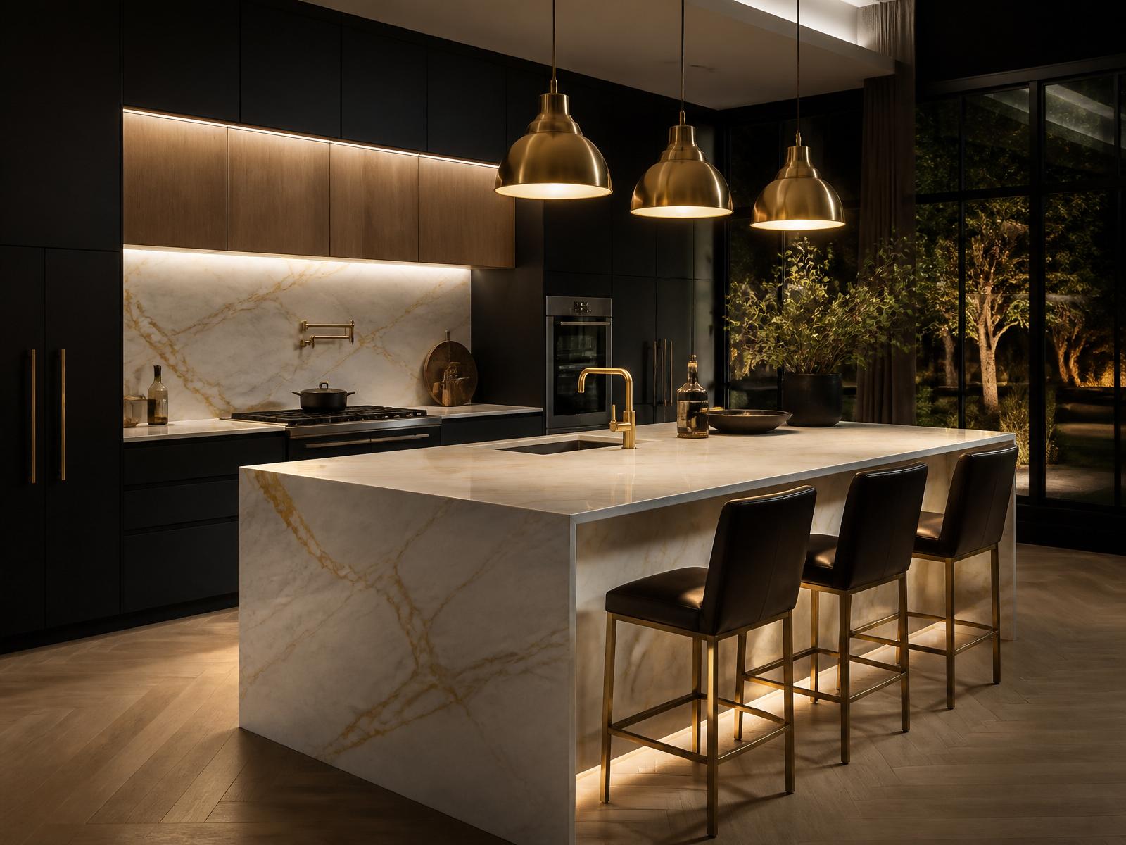 Luxury kitchen featuring premium built-in appliances under warm pendant lighting
